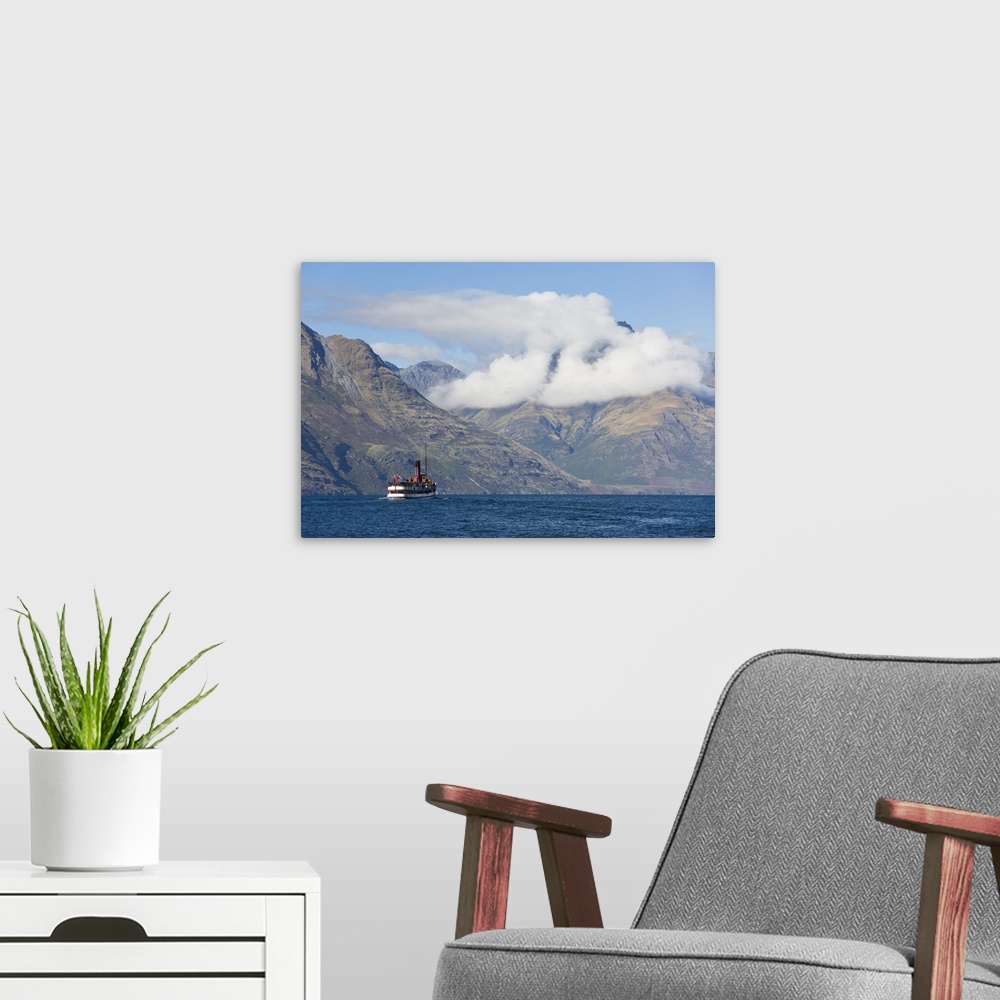 A modern room featuring The steamship TSS Earnslaw on Lake Wakatipu, clouds over Walter Peak, Queenstown, Queenstown-Lake...