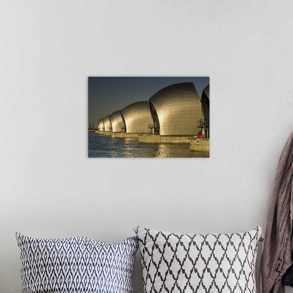 A bohemian room featuring The Thames Flood Barrier, Woolwich, near Greenwich, London, England, UK