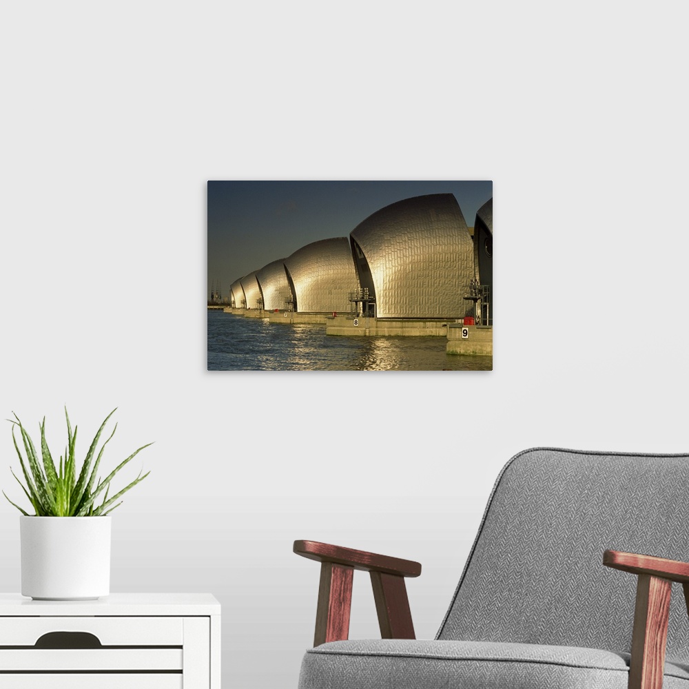 A modern room featuring The Thames Flood Barrier, Woolwich, near Greenwich, London, England, UK