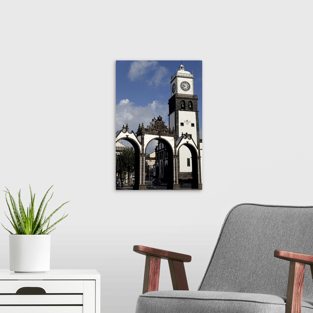 A modern room featuring The Three Arches, symbolic old gates of the city, Sao Miguel Island, Azores, Portugal