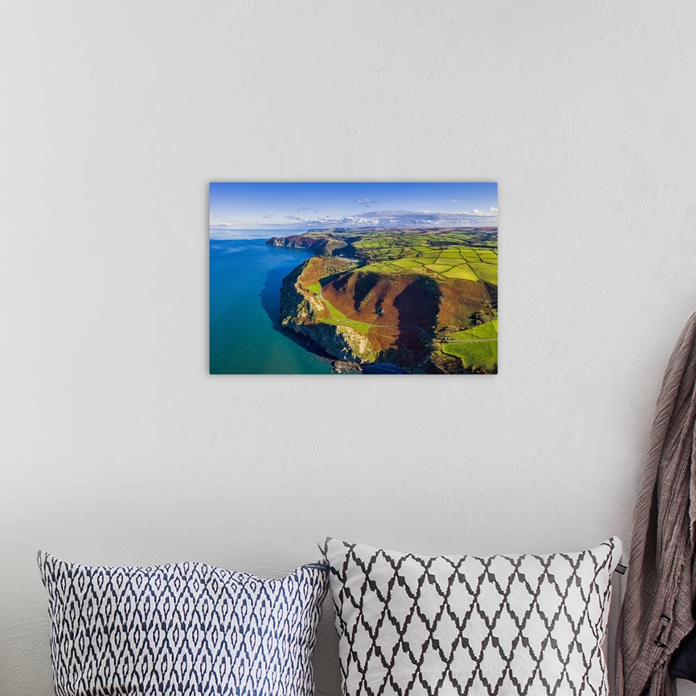 A bohemian room featuring Aerial view over the Valley of the Rocks and Lynton, Exmoor National Park, North Devon, England, ...