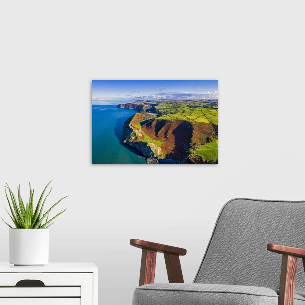 A modern room featuring Aerial view over the Valley of the Rocks and Lynton, Exmoor National Park, North Devon, England, ...