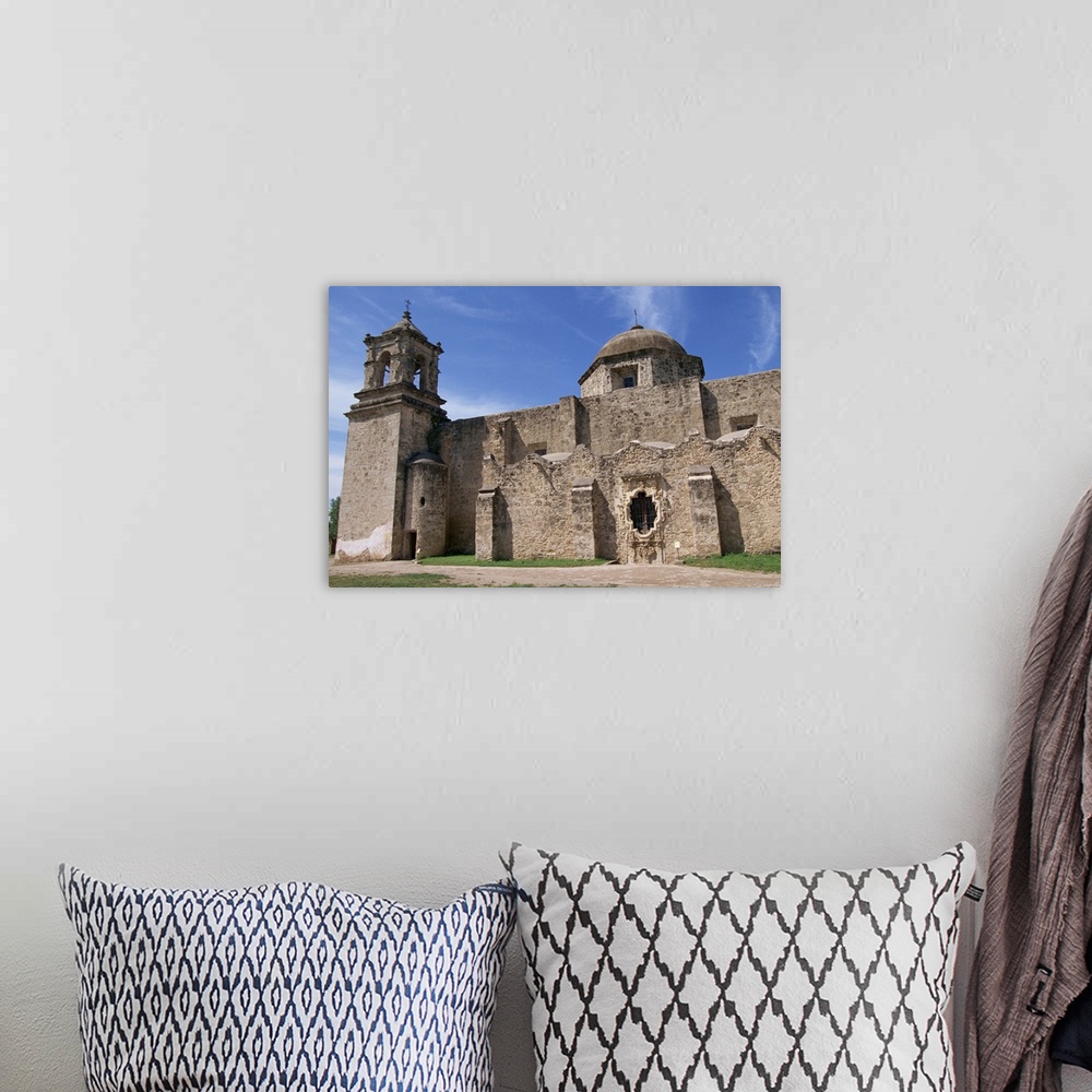 A bohemian room featuring The walls, bell tower and dome of the San Jose Mission, San Antonio, Texas, USA