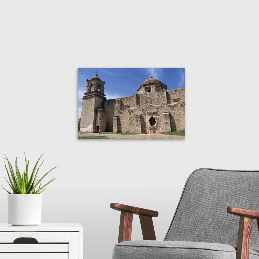 A modern room featuring The walls, bell tower and dome of the San Jose Mission, San Antonio, Texas, USA