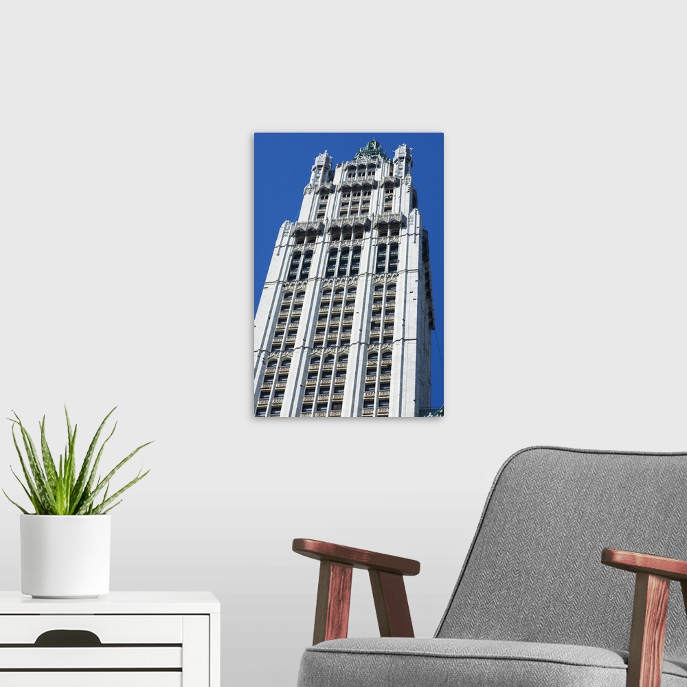 A modern room featuring The Woolworth Building, Manhattan, New York City, New York, USA
