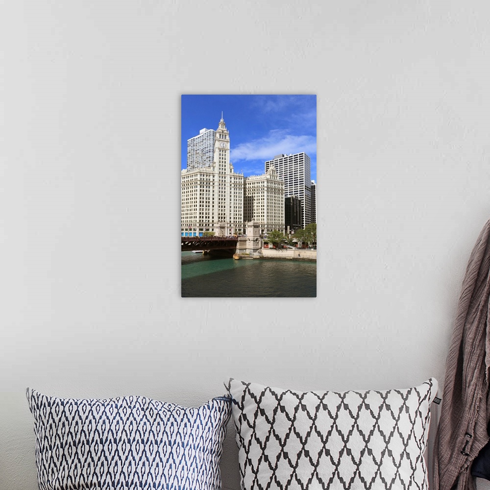 A bohemian room featuring The Wrigley Building and Chicago River, Chicago, Illinois, USA