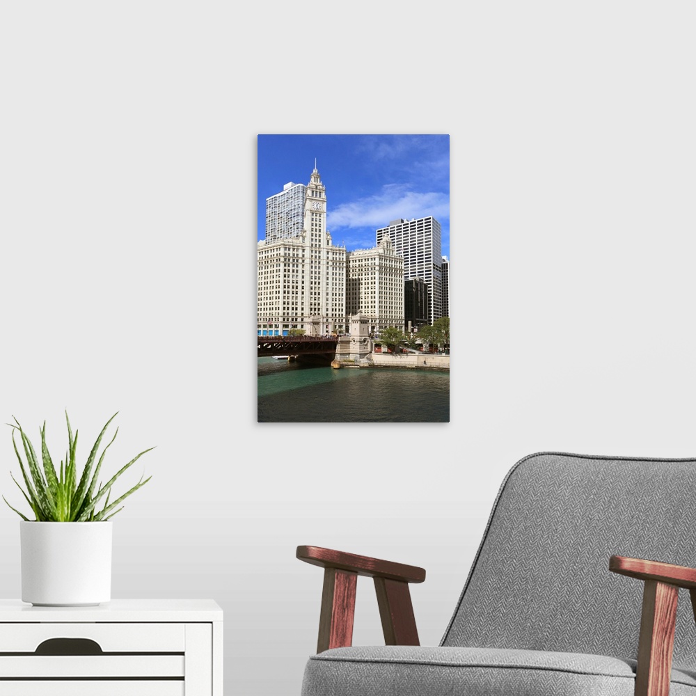 A modern room featuring The Wrigley Building and Chicago River, Chicago, Illinois, USA