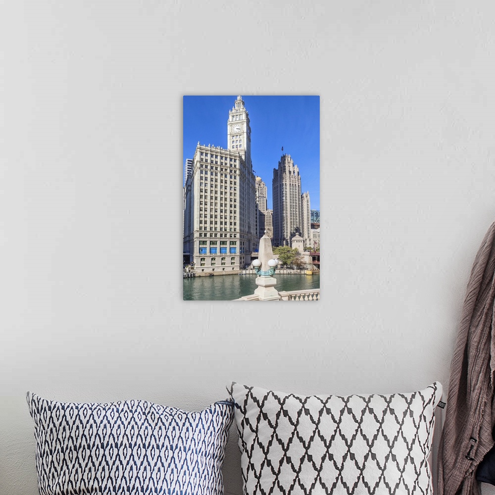 A bohemian room featuring The Wrigley Building and Tribune Tower by the Chicago River, Chicago, Illinois