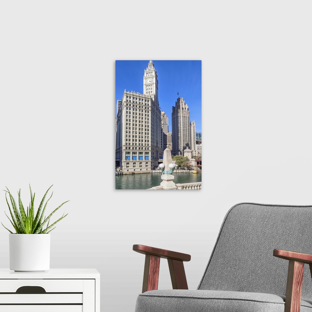 A modern room featuring The Wrigley Building and Tribune Tower by the Chicago River, Chicago, Illinois