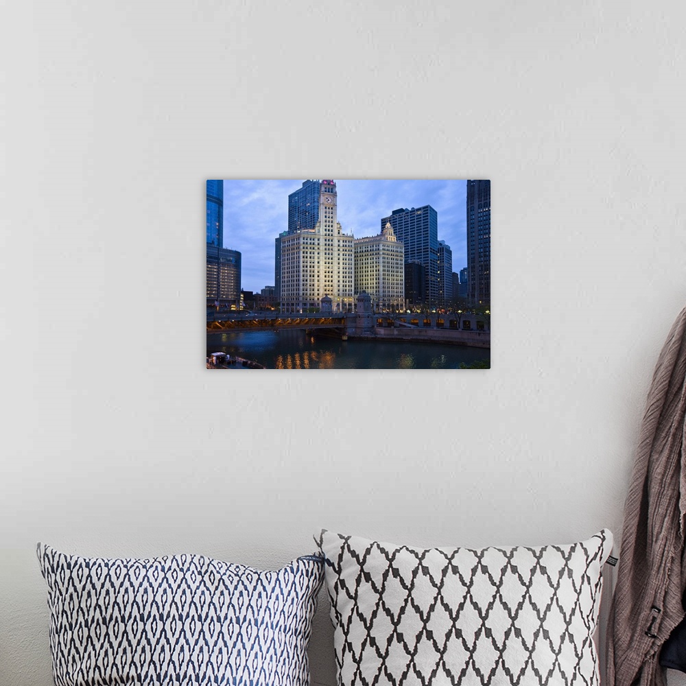A bohemian room featuring The Wrigley Building, center, North Michigan Avenue and Chicago River, Chicago, Illinois