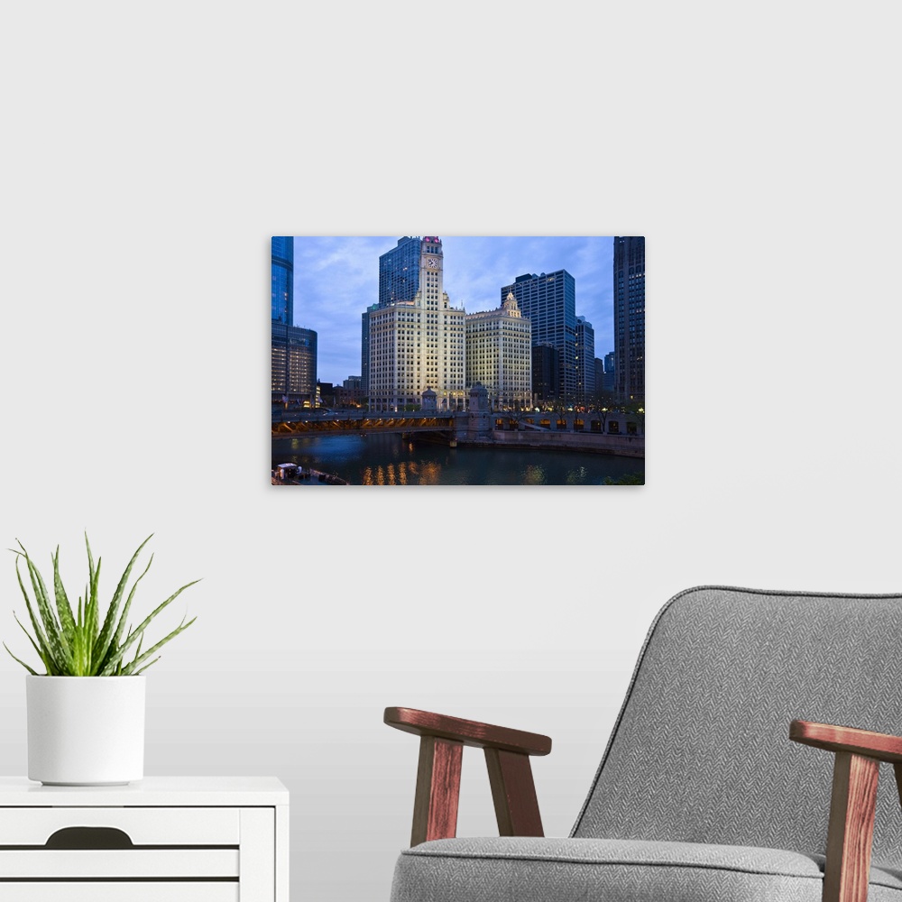 A modern room featuring The Wrigley Building, center, North Michigan Avenue and Chicago River, Chicago, Illinois