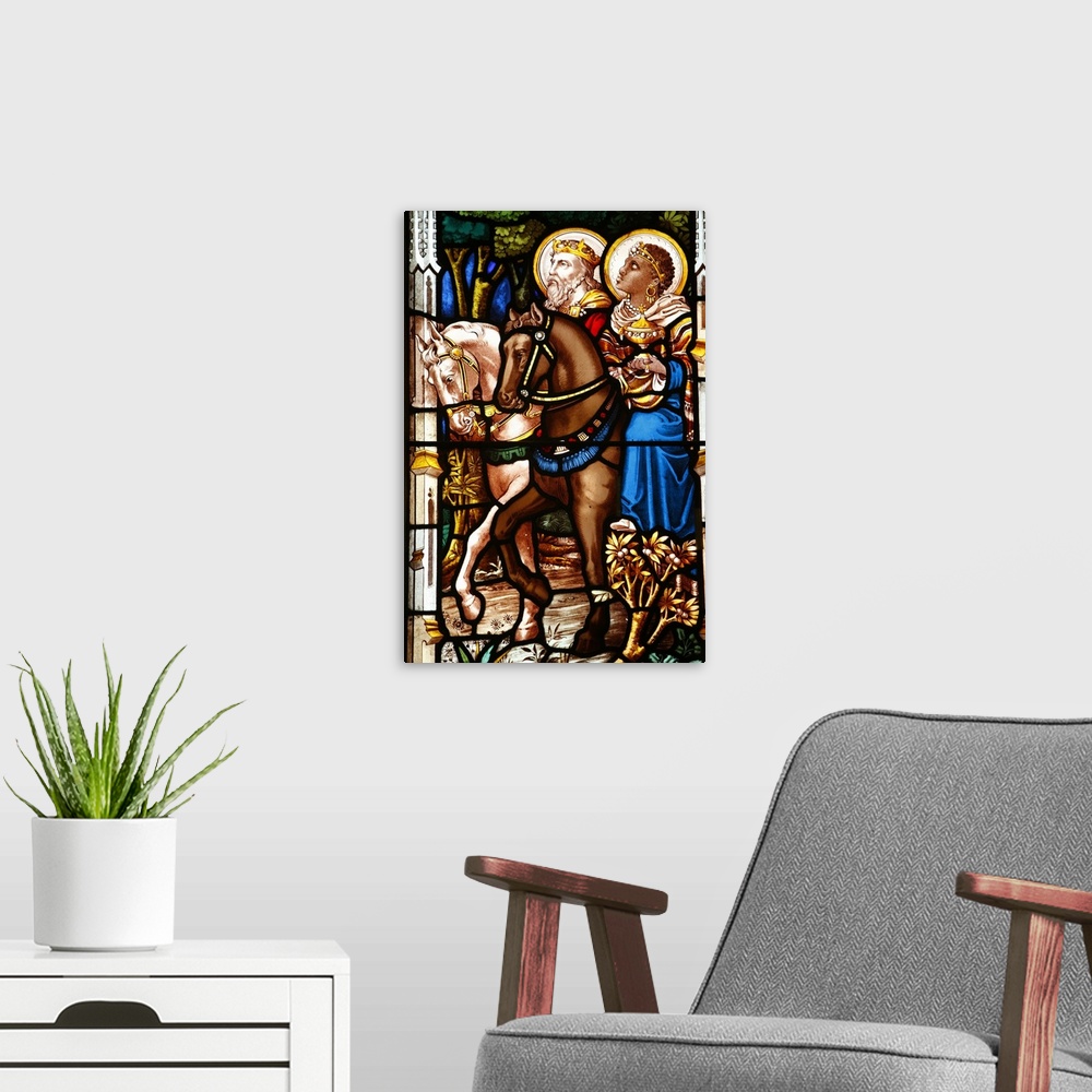 A modern room featuring Three Wise Men on horses bearing gifts, 19th century stained glass in St. John's Anglican church,...