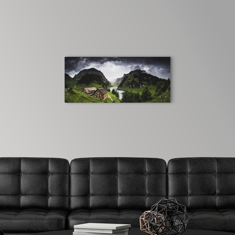 A modern room featuring Thunderstorm coming at Bollenwees refuge, Canton of Appenzell, Alpstein, Switzerland, Europe
