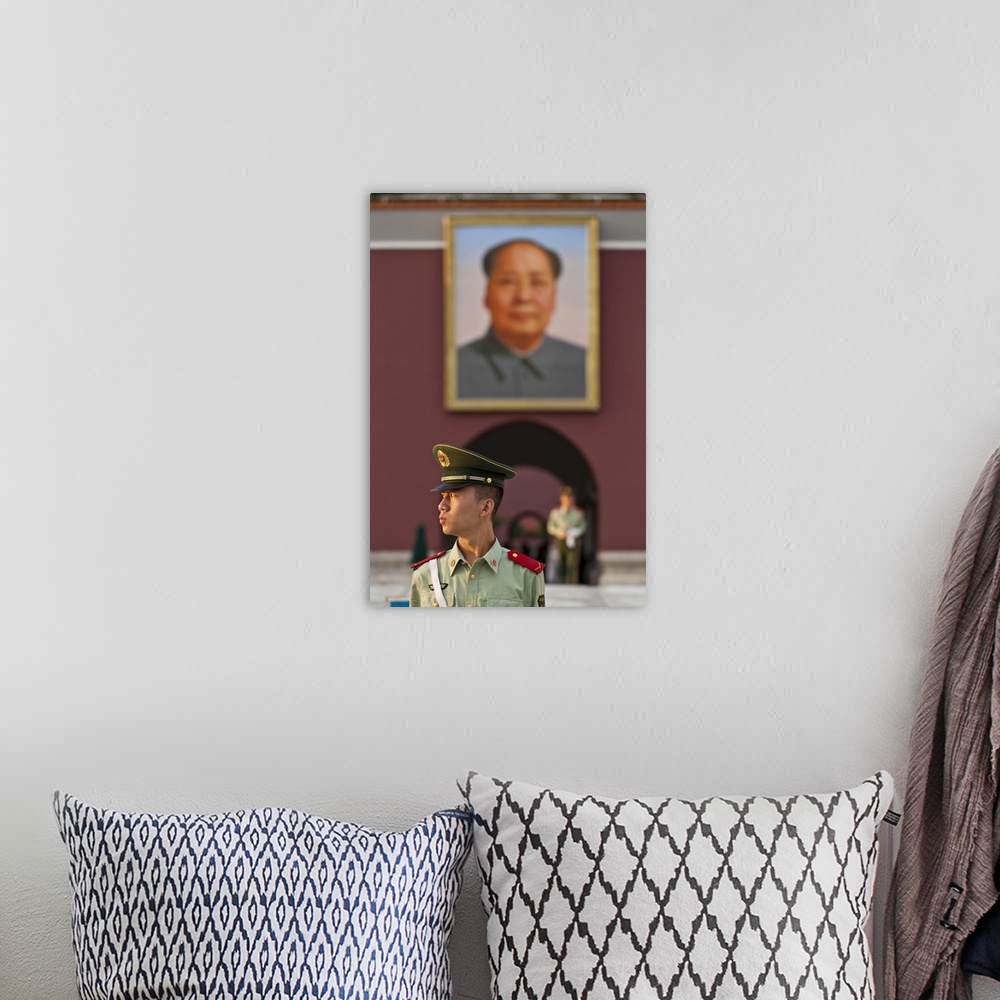 A bohemian room featuring Soldier outside the Tiananmen Tower and Chairman Mao's portrait, Gate of Heavenly Peace, Beijing,...