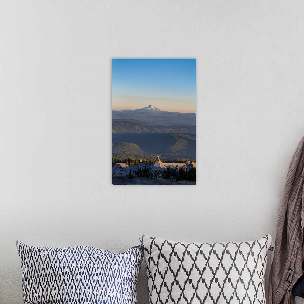 A bohemian room featuring Timberline Lodge hotel and Mount Jefferson seen from Mount Hood, part of the Cascade Range Northw...