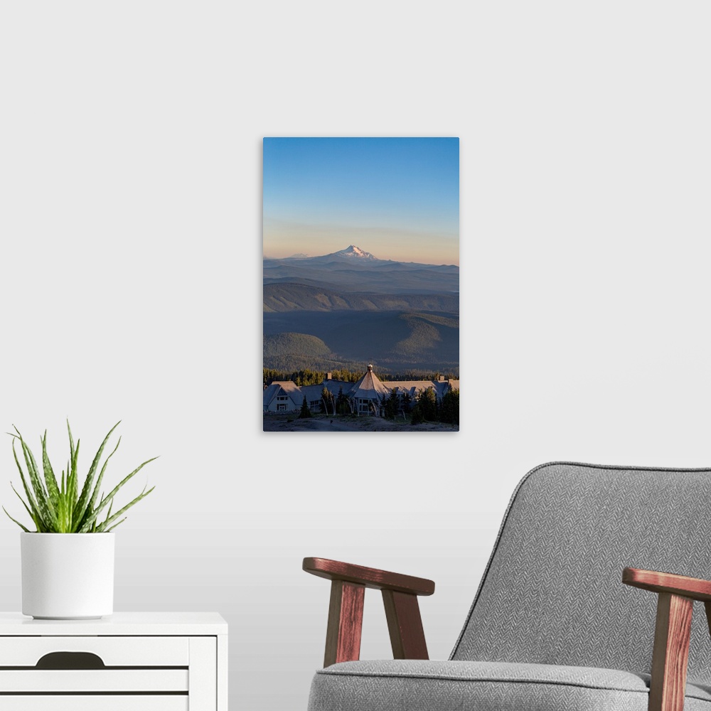 A modern room featuring Timberline Lodge hotel and Mount Jefferson seen from Mount Hood, part of the Cascade Range Northw...