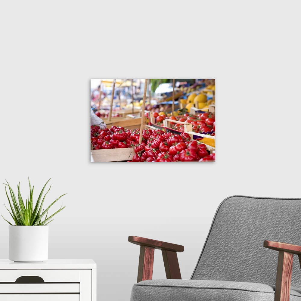 A modern room featuring Tomatoes on street market stall, Palermo, Sicily, Italy, Europe