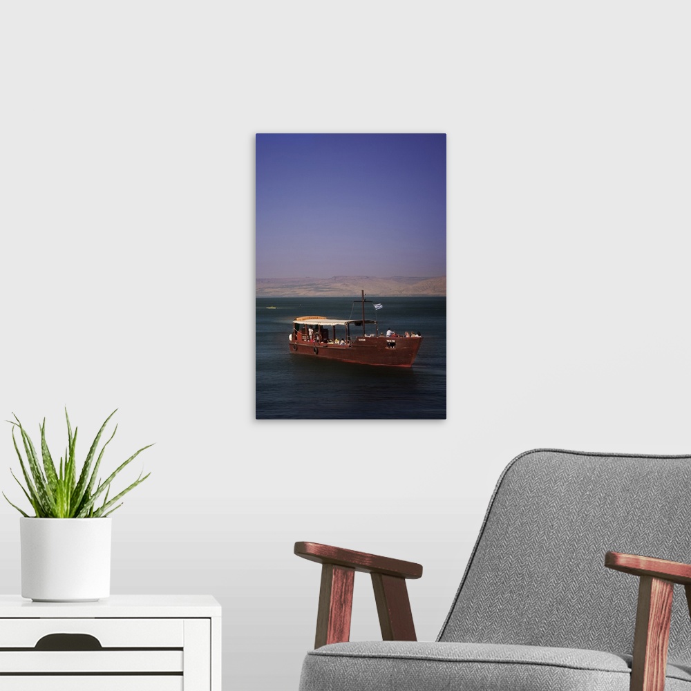 A modern room featuring Tourist boat on Lake Tiberias, the Sea of Galilee, North Israel, Israel, Middle East