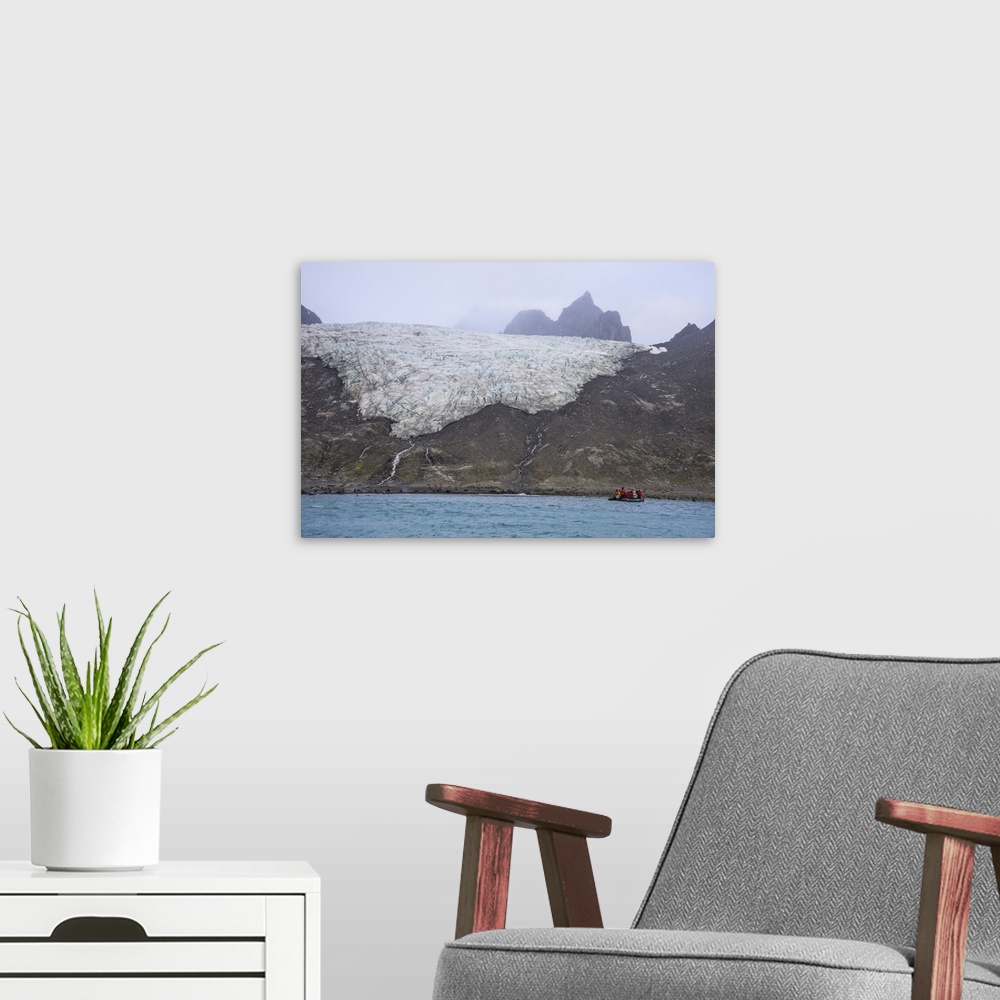 A modern room featuring Tourists on a zodiac watching a glacier on Elephant Island, South Shetland Islands, Antarctica, P...