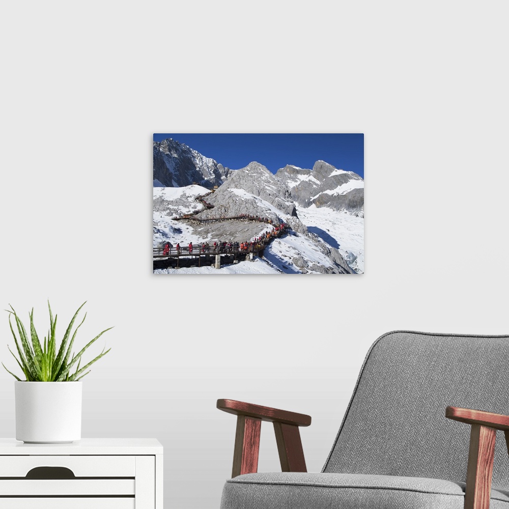 A modern room featuring Tourists on Jade Dragon Snow Mountain, Lijiang, Yunnan, China