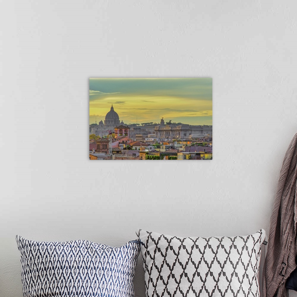 A bohemian room featuring Rooftops landscape panorama with traditional low-rise buildings and St. Peters Basilica dome, gol...