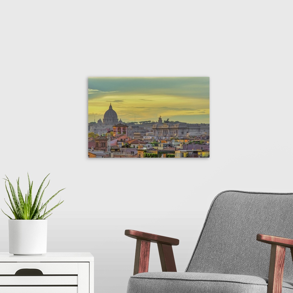 A modern room featuring Rooftops landscape panorama with traditional low-rise buildings and St. Peters Basilica dome, gol...