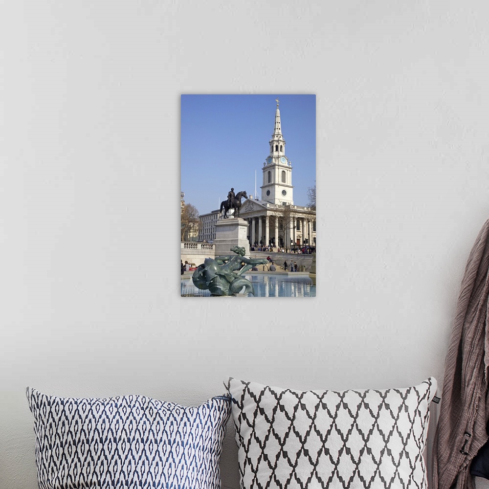 A bohemian room featuring Trafalgar Square fountains and St. Martin in the Fields, London, England, United Kingdom