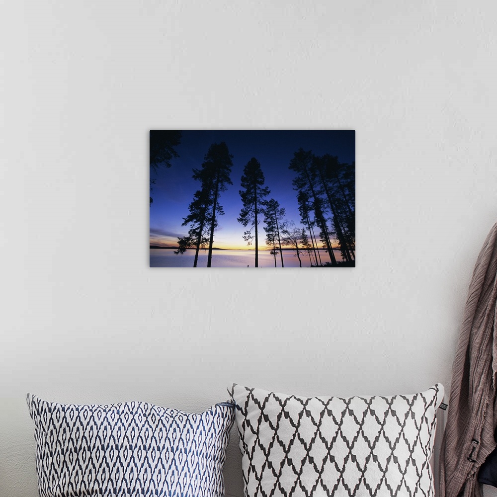A bohemian room featuring Trees and lake at sunset, Laponia, Lappland, Sweden, Scandinavia