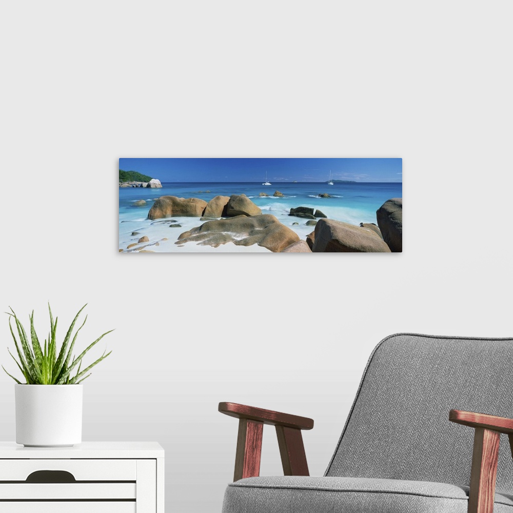 A modern room featuring Tropical beach scene, Anse Lazio, Praslin, Seychelles, Indian Ocean, Africa