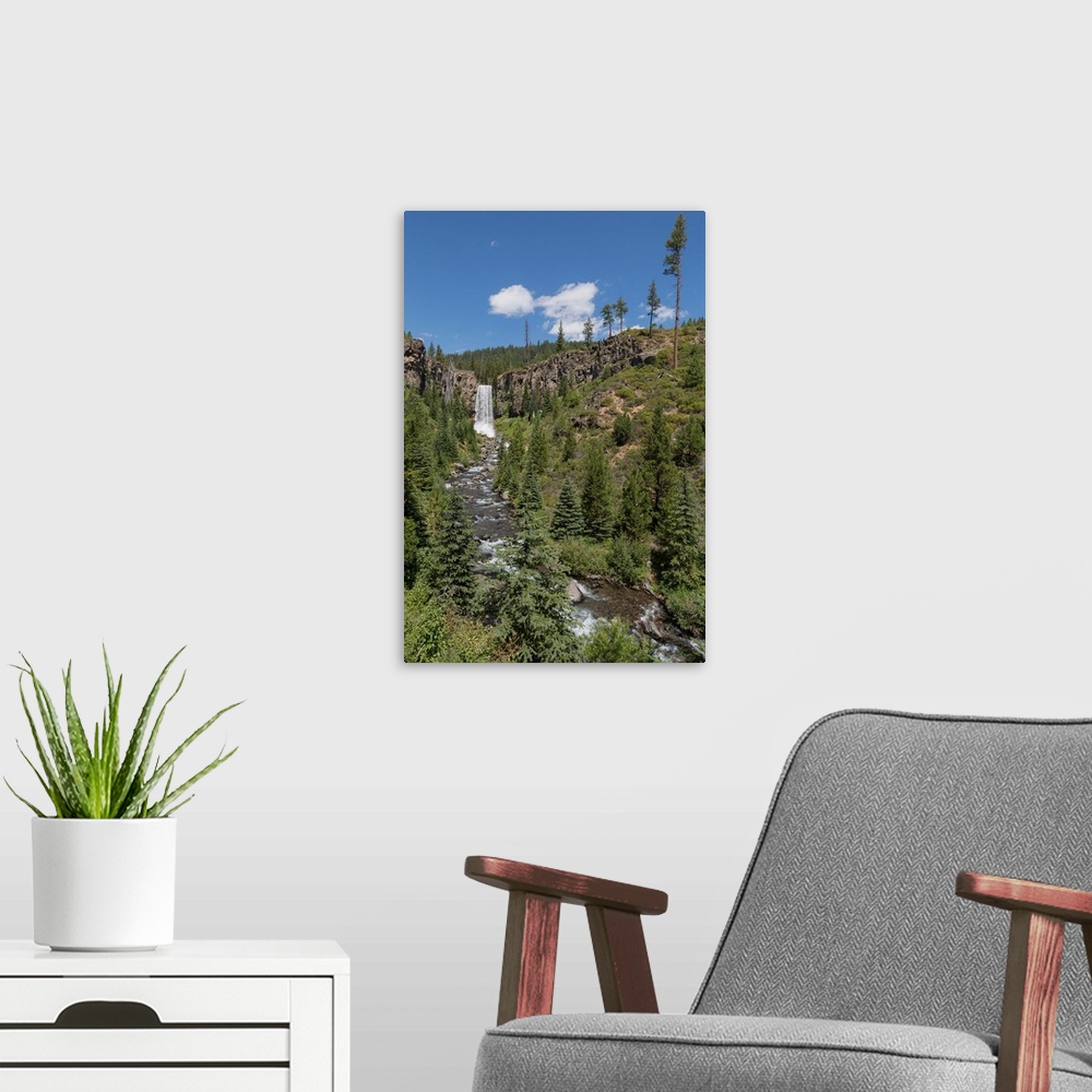 A modern room featuring Tumalo Falls, a 97-foot waterfall on Tumalo Creek, in the Cascade Range west of Bend, Oregon