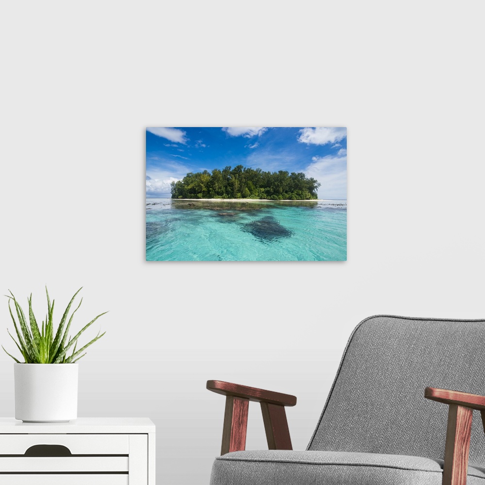 A modern room featuring Turquoise water and a white beach on Christmas Island, Buka, Bougainville, Papua New Guinea, Pacific