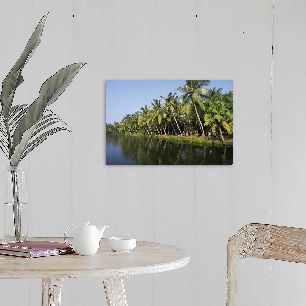 A farmhouse room featuring Typical backwater scene, waterway fringed by palm trees, Kerala, India