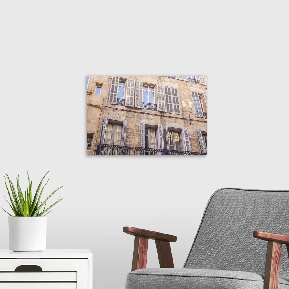 A modern room featuring Typical building facade in Aix-en-Provence, Bouches du Rhone, Provence, France, Europe