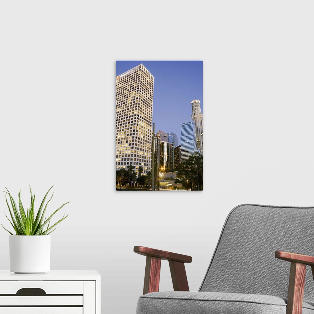 A modern room featuring Union Bank on the left and US Bank towers in Los Angeles, California