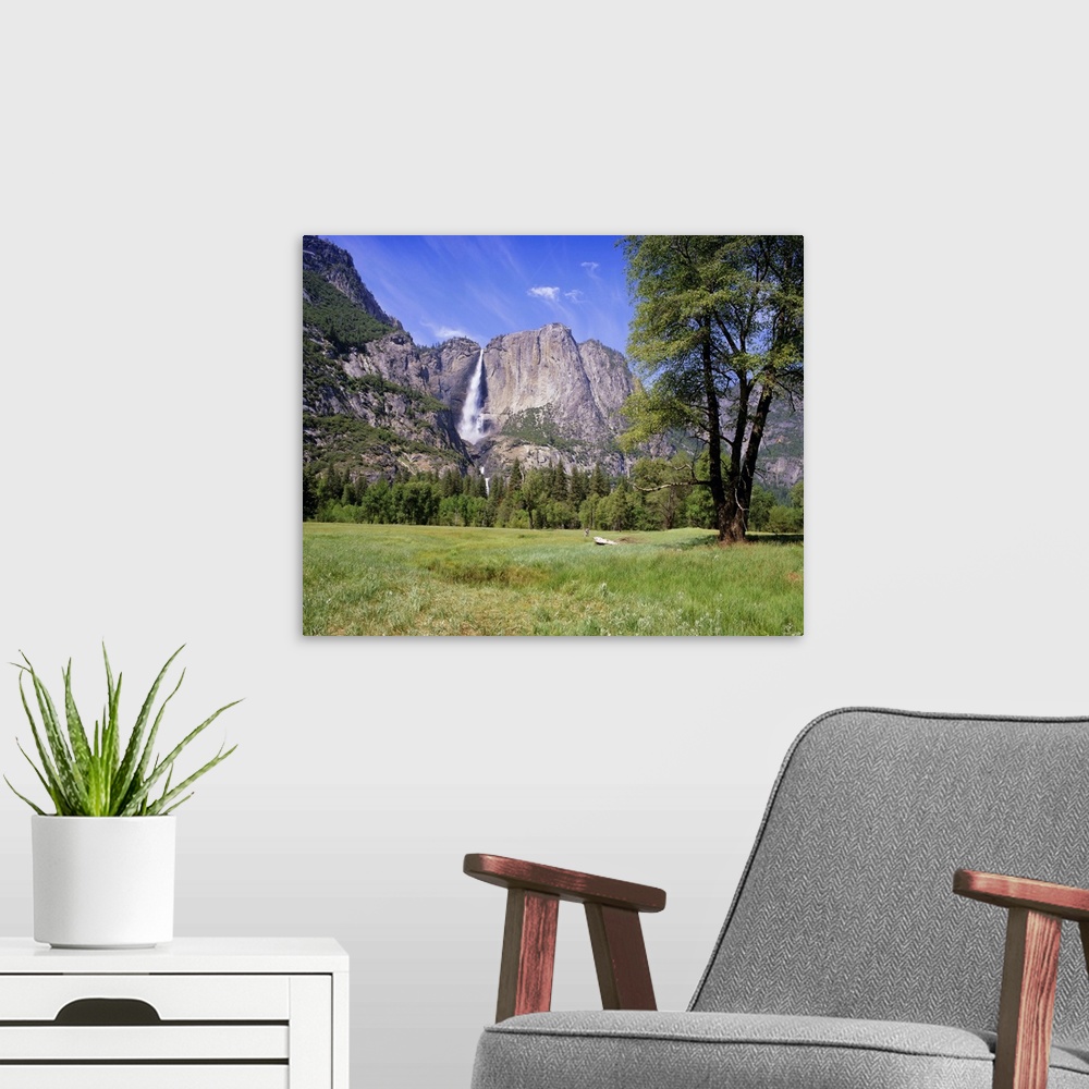 A modern room featuring Upper Yosemite Falls, Yosemite National Park, California