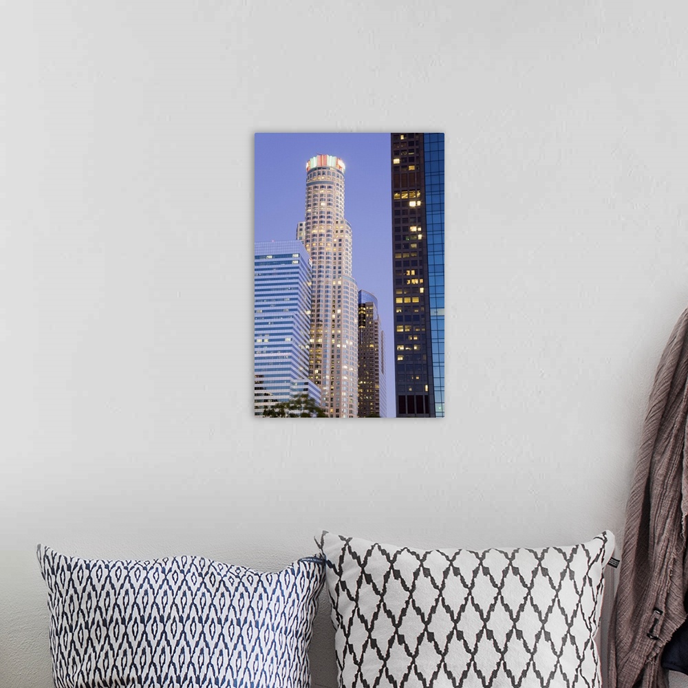 A bohemian room featuring US Bank tower in Los Angeles, California