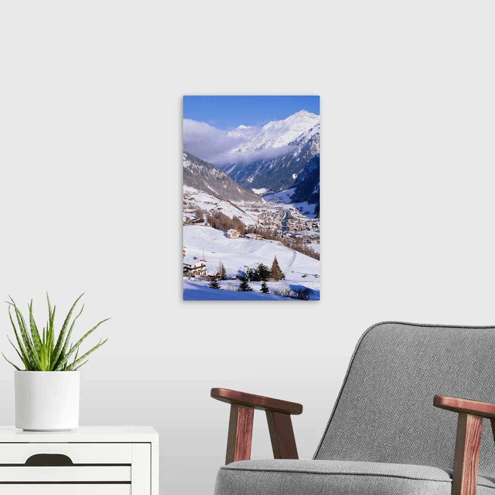 A modern room featuring Valley above town of Solden in the Austrian Alps, Tirol (Tyrol), Austria