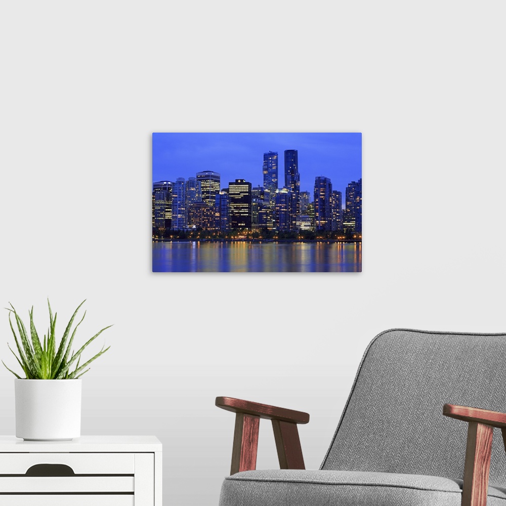A modern room featuring Vancouver skyline, British Columbia, Canada, North America