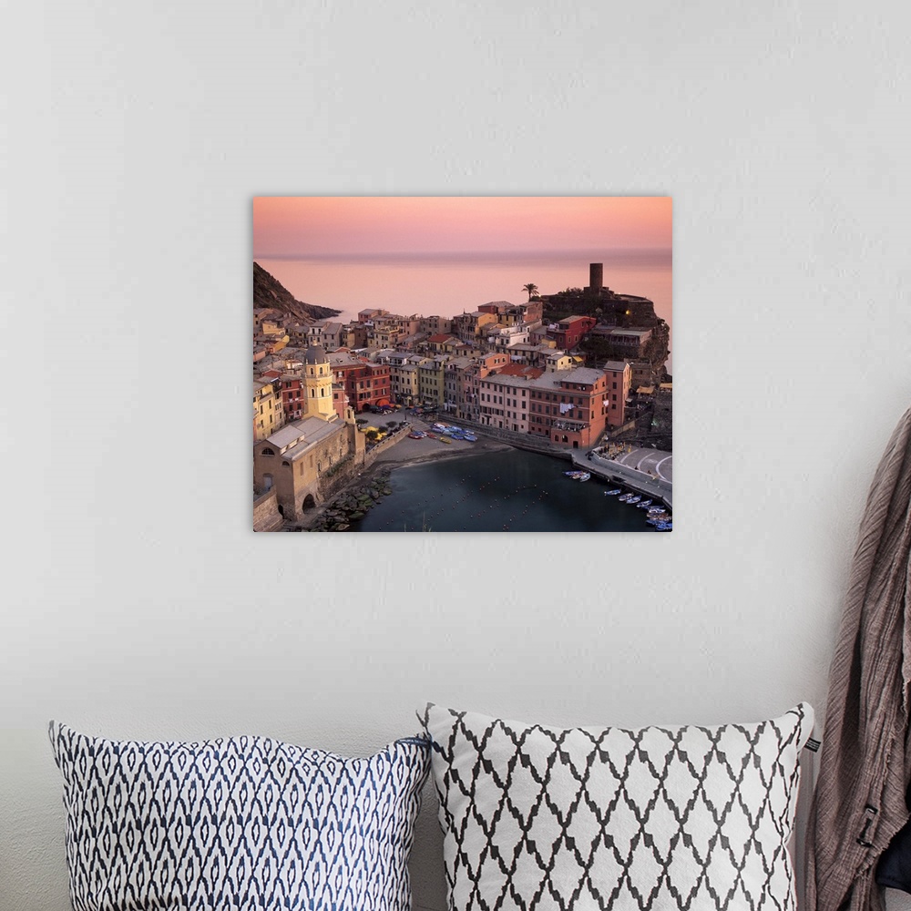 A bohemian room featuring Vernazza harbour at dusk, Vernazza, Cinque Terre, Liguria, Italy