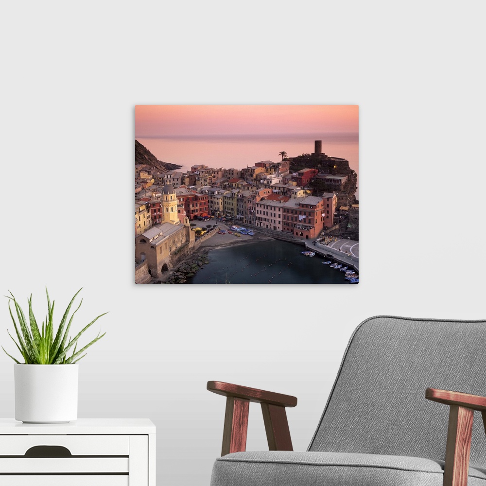 A modern room featuring Vernazza harbour at dusk, Vernazza, Cinque Terre, Liguria, Italy