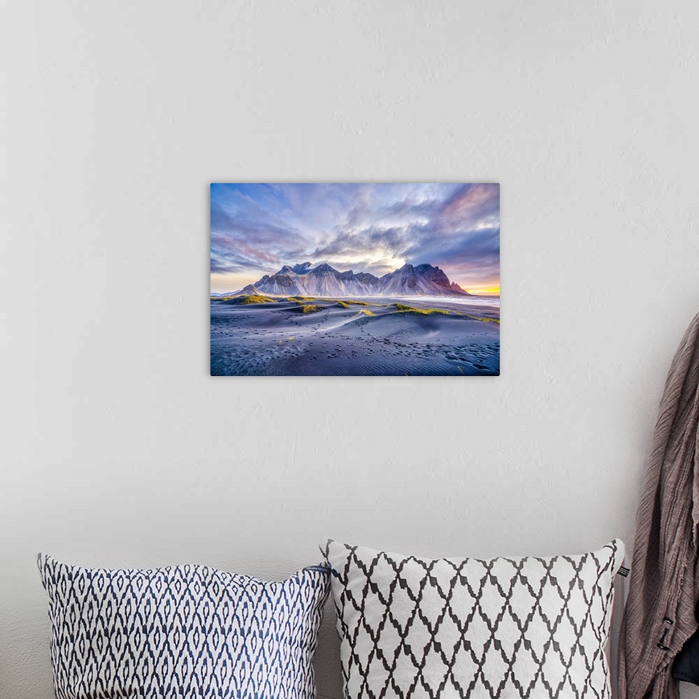 A bohemian room featuring Vestrahorn Mountain at sunrise, Southeast Iceland, Polar Regions