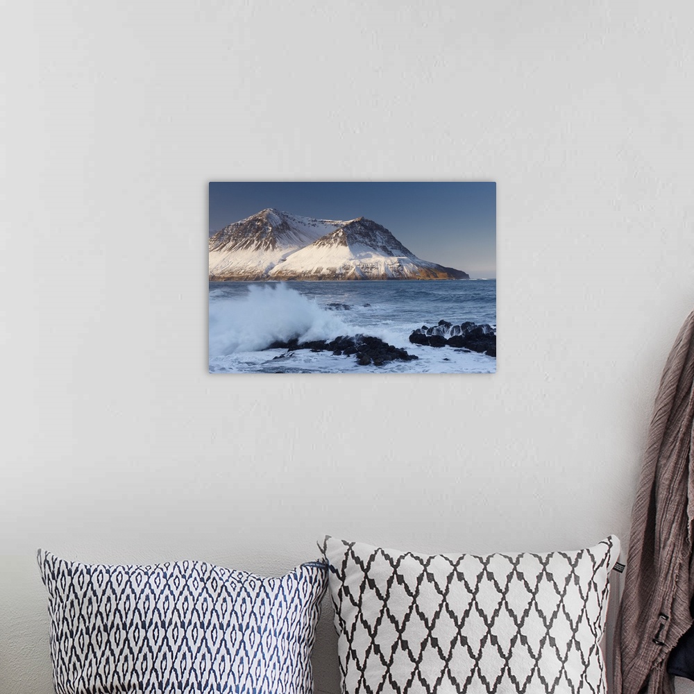 A bohemian room featuring View across Njardvik Bay, with Tdarfjall and Skjaldarfjall mountain tops visible, Borgarfjordur E...