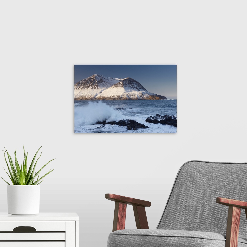 A modern room featuring View across Njardvik Bay, with Tdarfjall and Skjaldarfjall mountain tops visible, Borgarfjordur E...