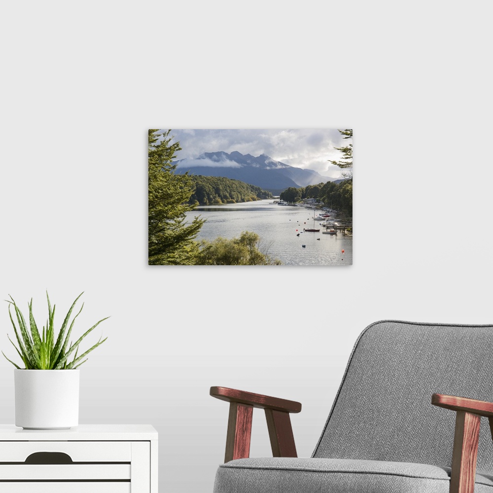 A modern room featuring View across Pearl Harbour on Lake Manapouri, Manapouri, Fiordland National Park, UNESCO World Her...
