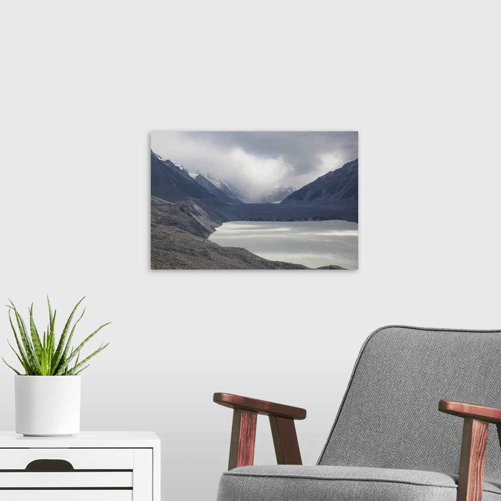 A modern room featuring View across Tasman Lake to the Tasman Glacier, Aoraki (Mount Cook) National Park, UNESCO World He...