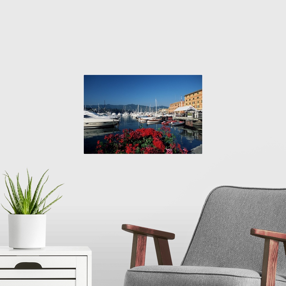 A modern room featuring View across the harbour, Santa Margherita Ligure, Portofino Peninsula, Liguria, Italy