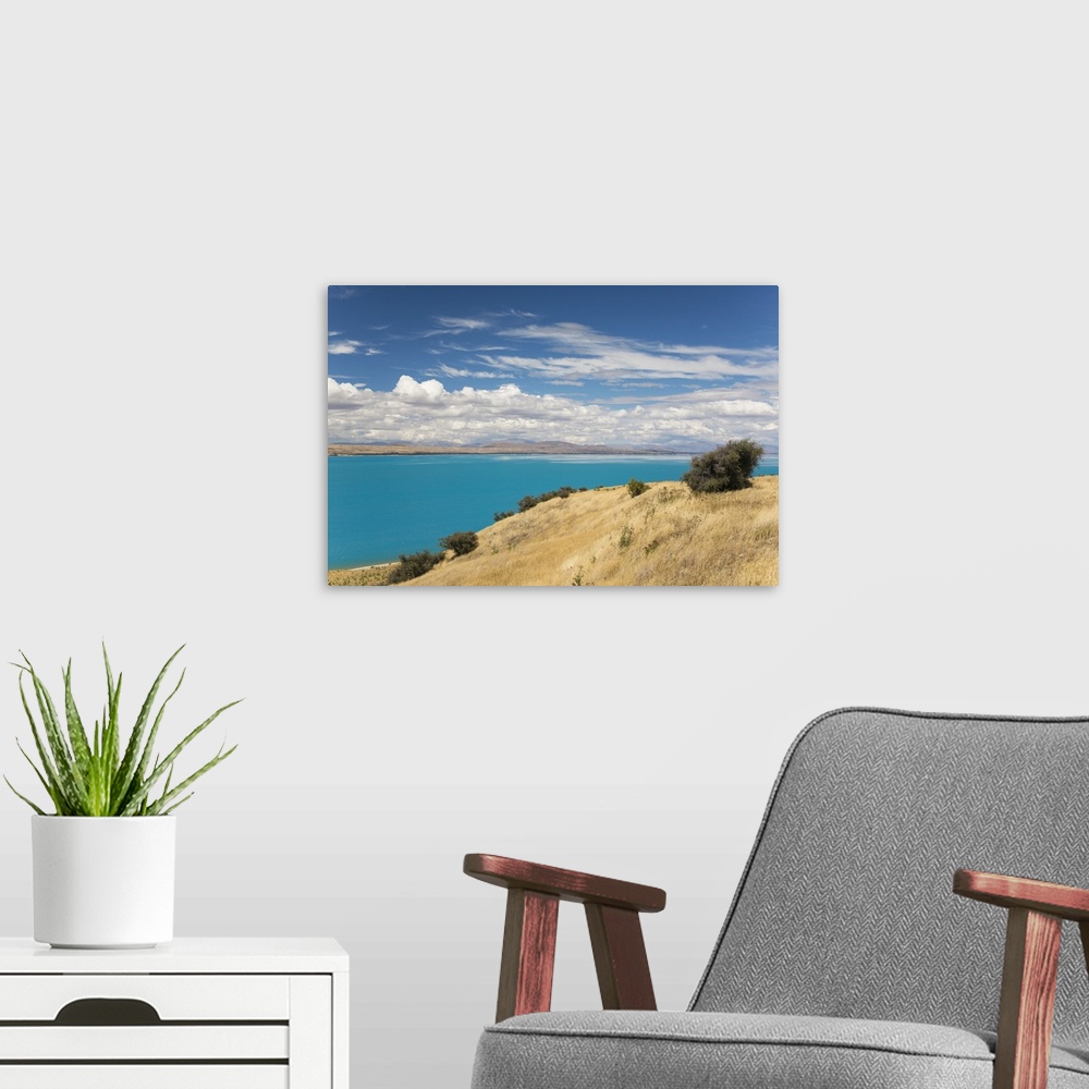 A modern room featuring View across the turquoise waters of Lake Pukaki, near Twizel, Mackenzie district, Canterbury, Sou...