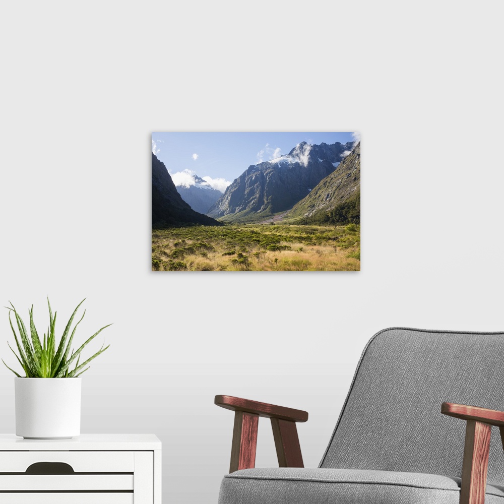 A modern room featuring View along the Hollyford Valley to West Peak and Mount Talbot, Fiordland National Park, UNESCO Wo...
