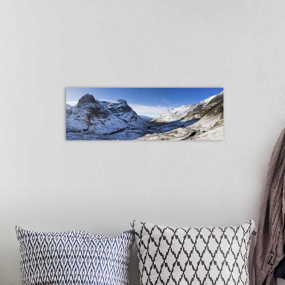 A bohemian room featuring View down snow-covered Glencoe showing Three Sisters of Glencoe, Scotland