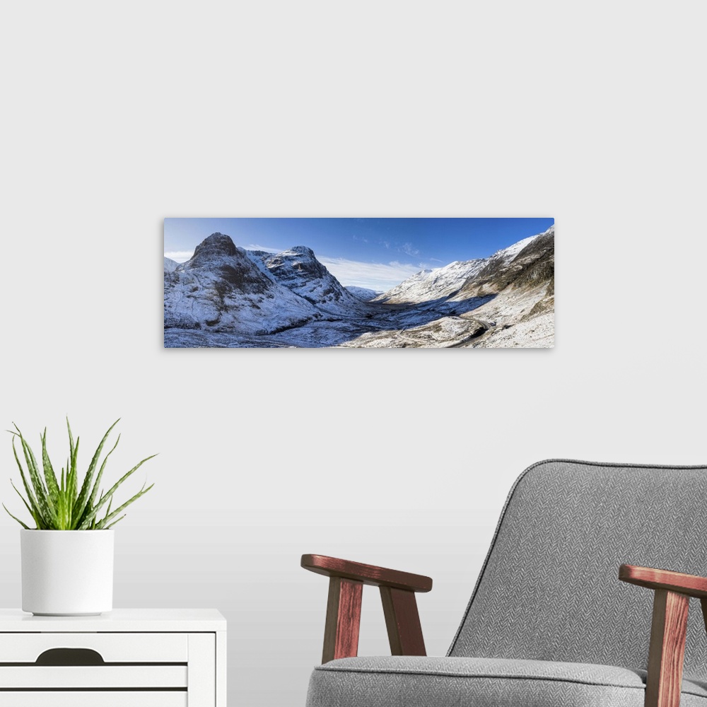 A modern room featuring View down snow-covered Glencoe showing Three Sisters of Glencoe, Scotland